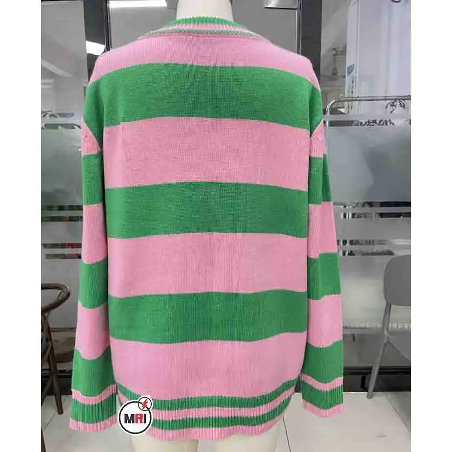 Breathable customized AKA women sweater soror pink and green solid colors cardigan sustainable knitwear
