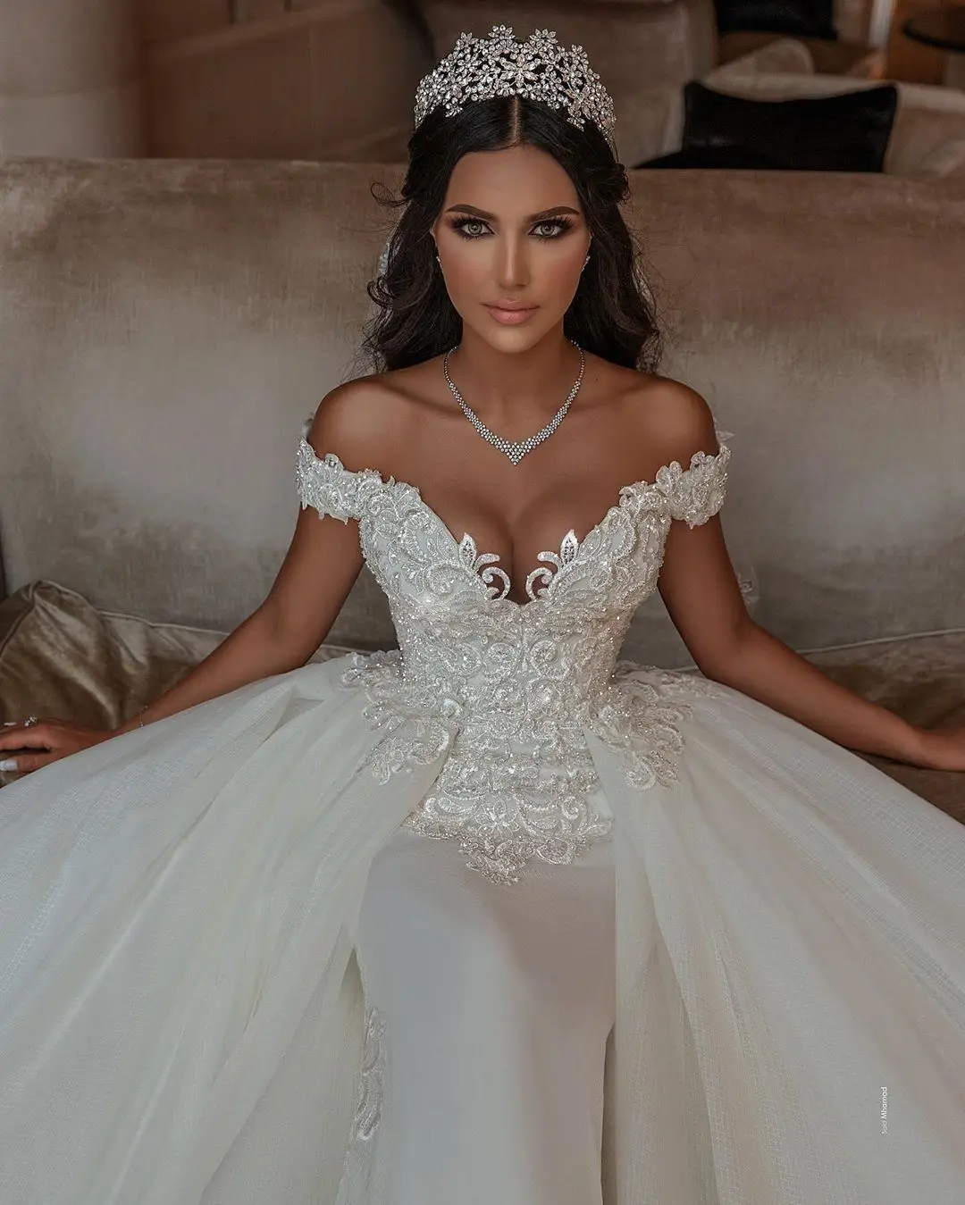 vestidos de novia Luxury lace applique mermaid wedding dress bridal gown with Detachable tulle train