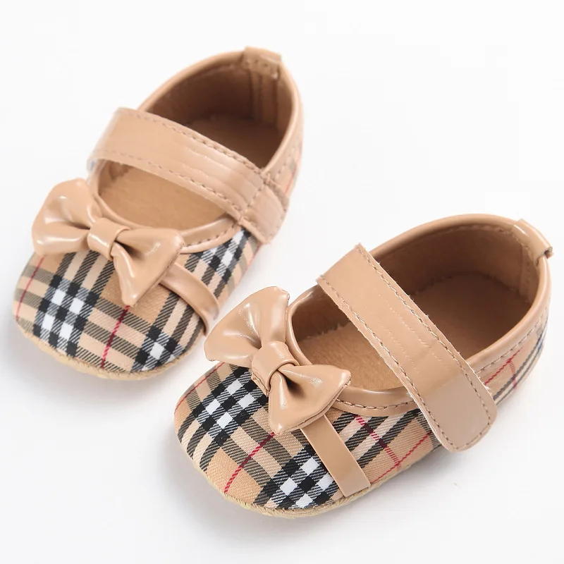 First Walk Shoes Plastic Bottom Bow Tie Lattice Toddler Shoes Girl Baby Shoes