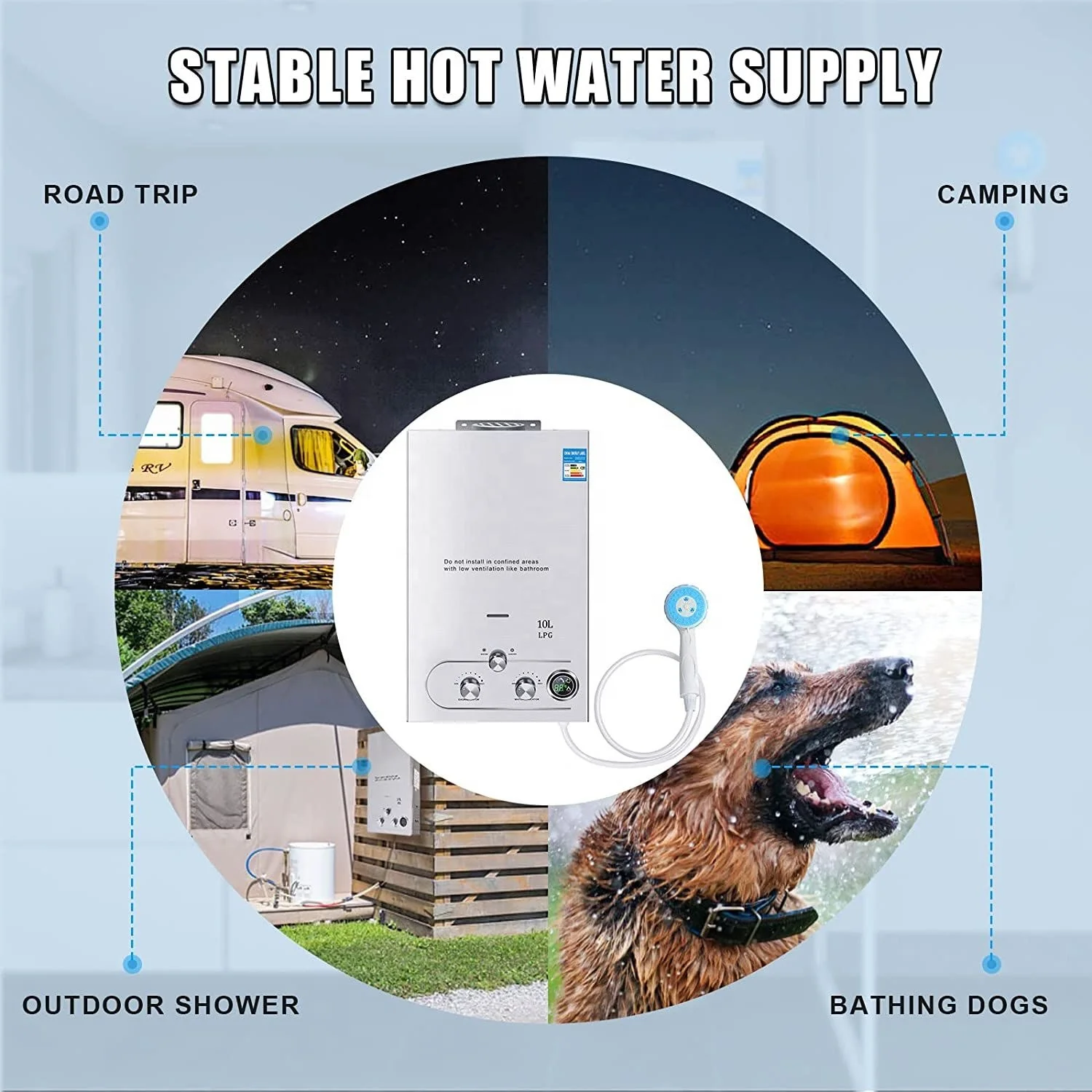 10L 2.64 GPM Instant Tankless Liquid Propane Gas LPG Hot Portable Gas Water Heater With Shower Kit