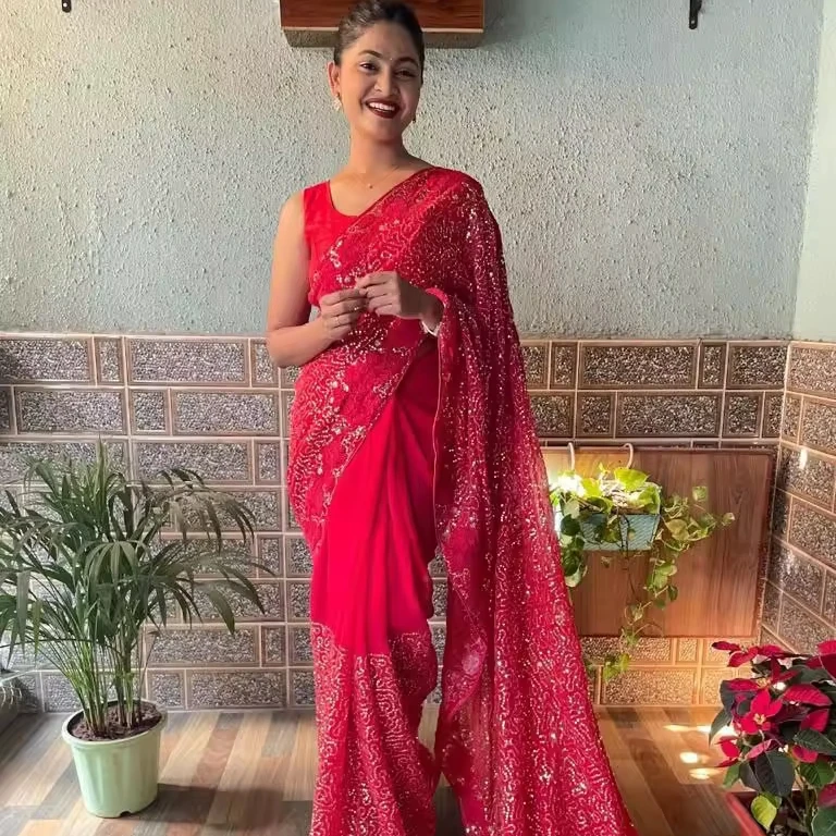 Beautiful Georgette saree with sequence work with piping lace border, Wedding function Wear saree, Designer Party Wear saree.