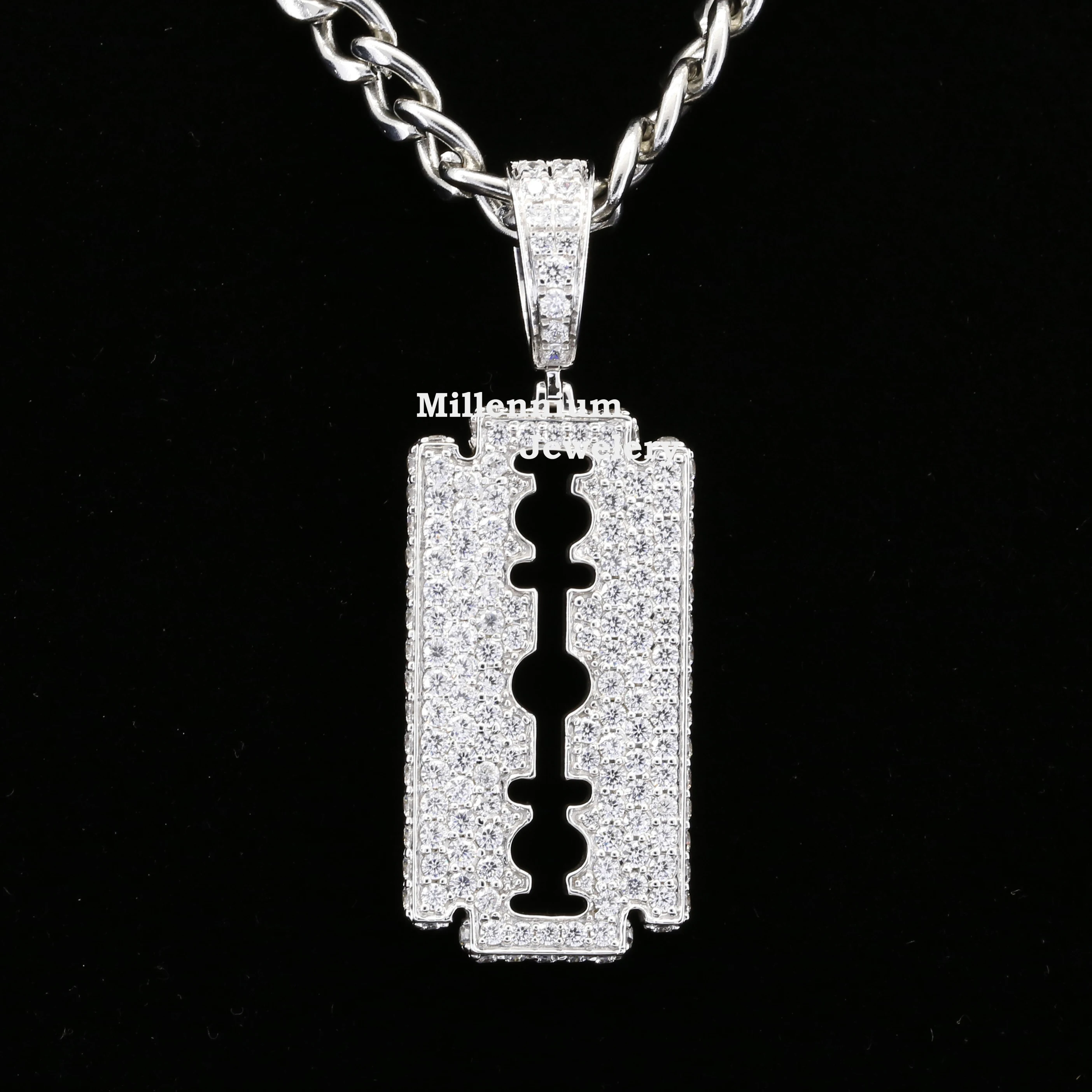 Superb Quality Moissanite Diamond 925 Sterling Silver Razor Blade Logo Pendant at Wholesale Price For Men and Rapper