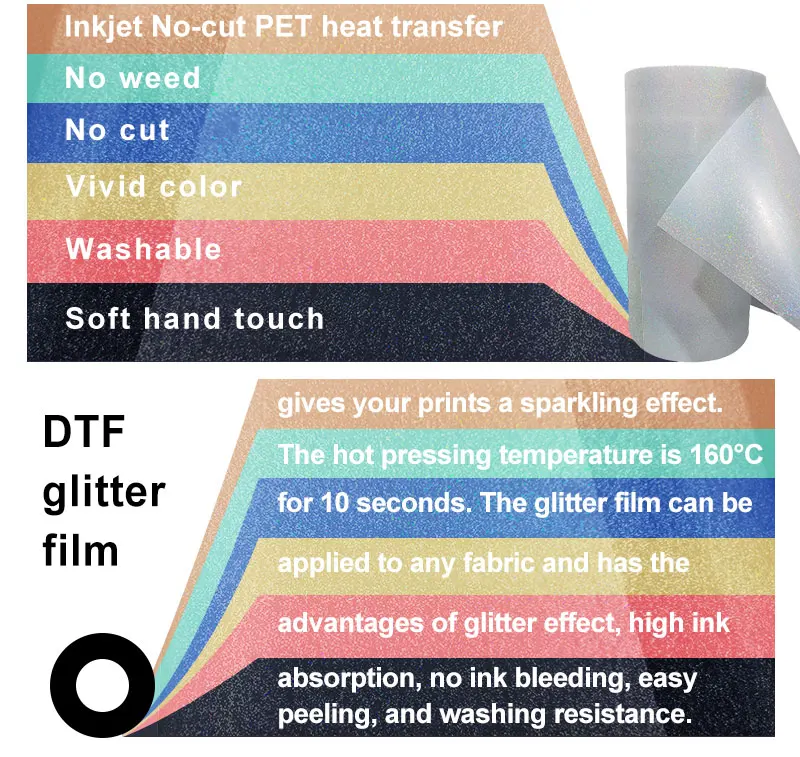 New arrival flash glitter digital inkjet printing 60CM 30CM*100M roll glitter DTF film pet film for dtf printing vinyl film