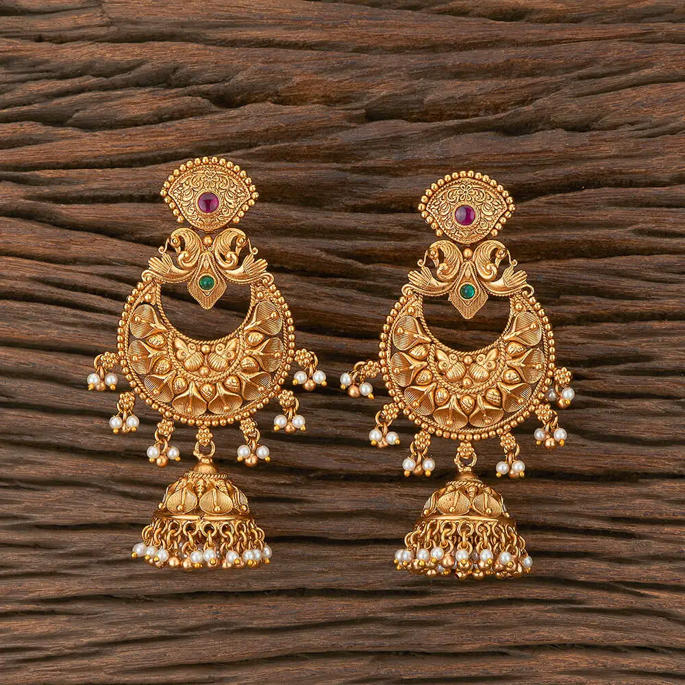 Antique Matte Gold Plated Chand Style Long Jhumki Earring 217280 With Pearls Wholesalers in India
