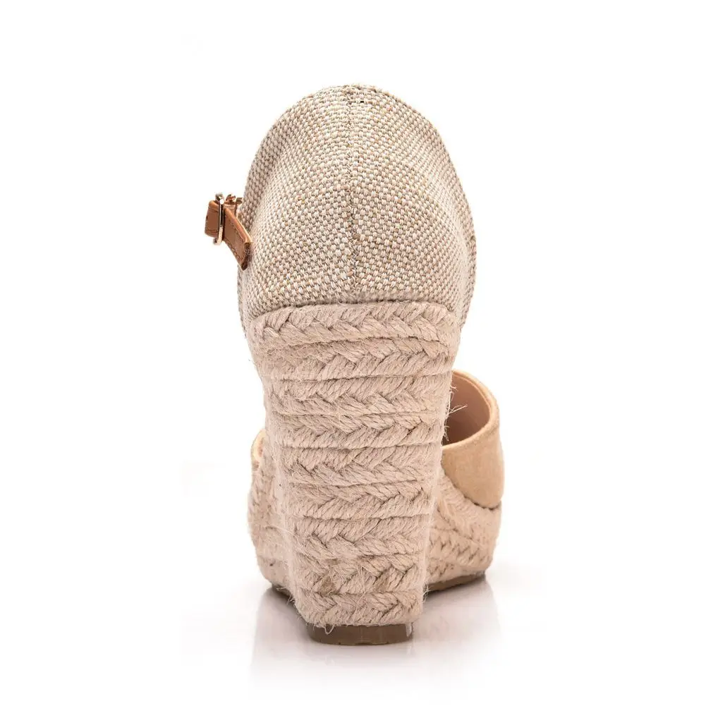 Custom Logo OEM Jute Sole Women Espadrille Shoes Round Toe Ankle Strap Wedge Sandals
