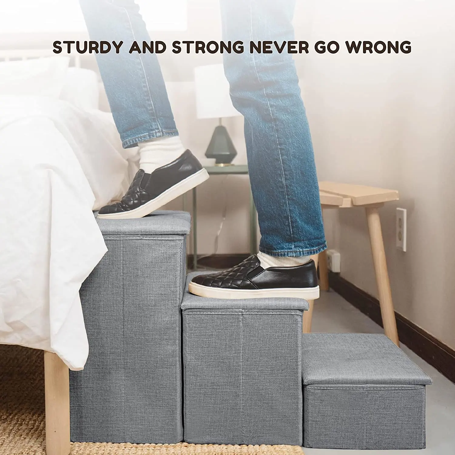 Foldable & Adjustable Pet Dog Stairs Ladders with Storage Compartments, hold up to 120lbs