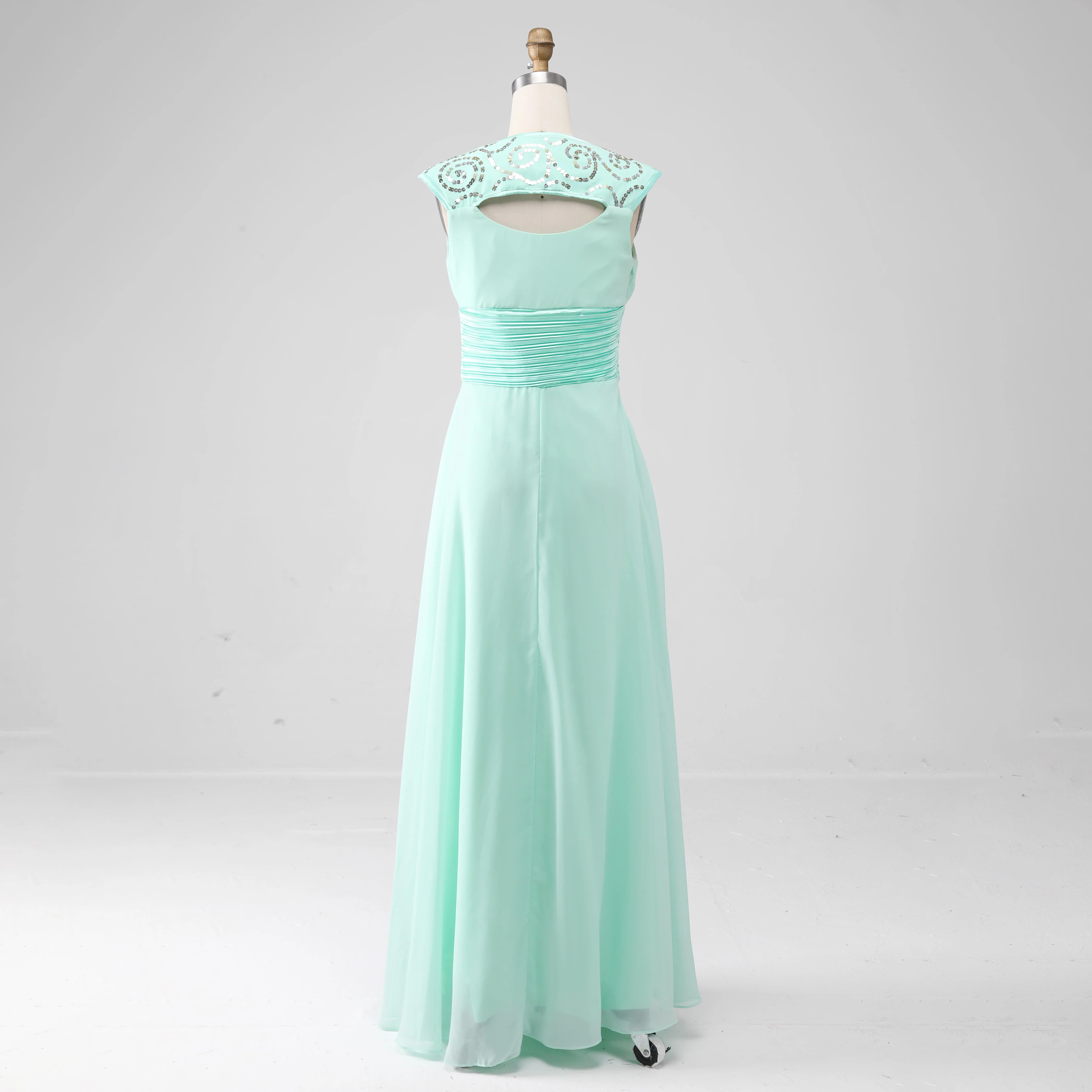 Elegant Floor Length Long Formal Women Wedding Guest Dress Mint Green Chiffon Sweetheart Bridesmaid Dresses with Cap Sleeves