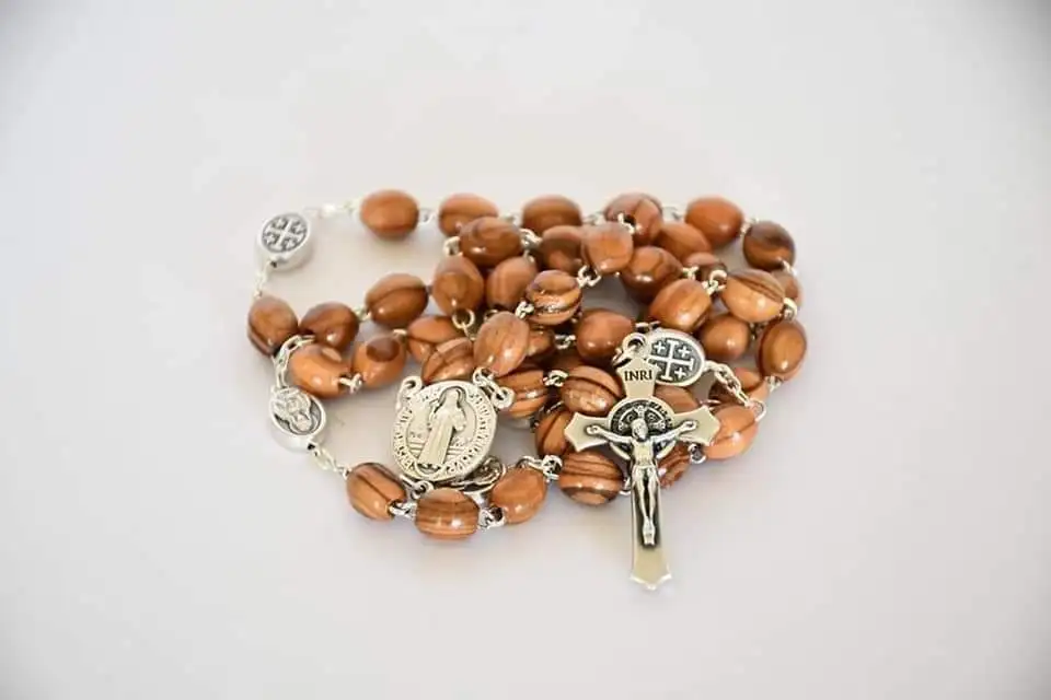 Catholic Prayer Jerusalem Rosary 6*8mm Olive Wood Beads Religious Necklace Holy Soil Medal & Metal Cross