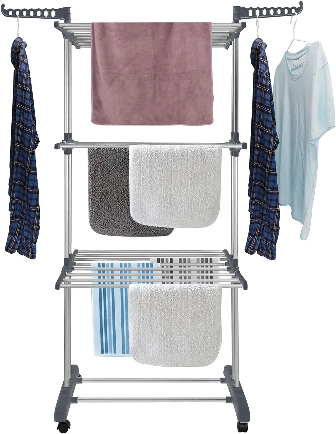 Clothes Drying Rack Folding Clothes Rail 3 Tier Stainless Steel Laundry Garment Dryer Stand with Two Side Wings
