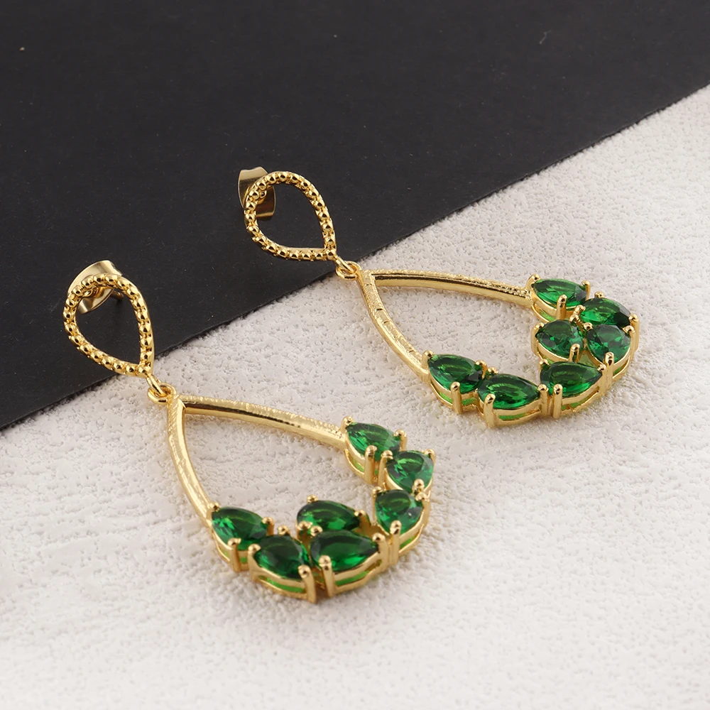 Emerald Prong Setting Pear Shape Stones Dangling Earrings Gold Plated Brass Pear Charms Stud Earrings  Jewelry Mode Joyas E-1494