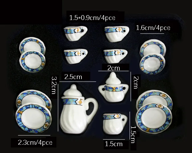 15 pieces :Doll house Miniature Tableware Ceramic Coffee Tea Set Porcelain Tea Cup Set Flower pattern Tableware Toy Store
