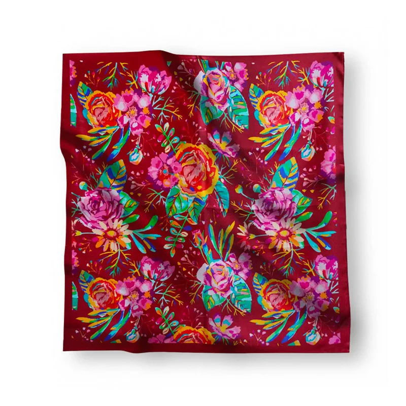 100% Italian Silk Scarf Dark Red Abstract Flowers Print Classic Square Style Ready to Wear Woman Accessory for Ceremonies