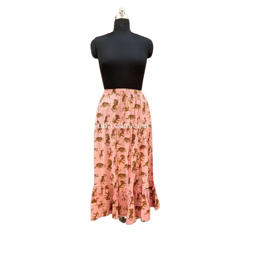 Low Prices Indian Tunic Pink Tiger Printed Boho Maxi Dress Women Skirt Design Bohemian Style Cotton Long Wear Two Tires Skirts
