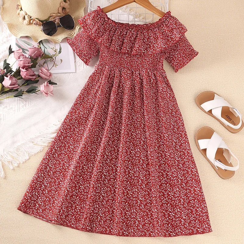 Cute Square Collar Puff Sleeve Kids Frock Red Cotton Floral Printed Summer Dress for Girls Off Shoulder