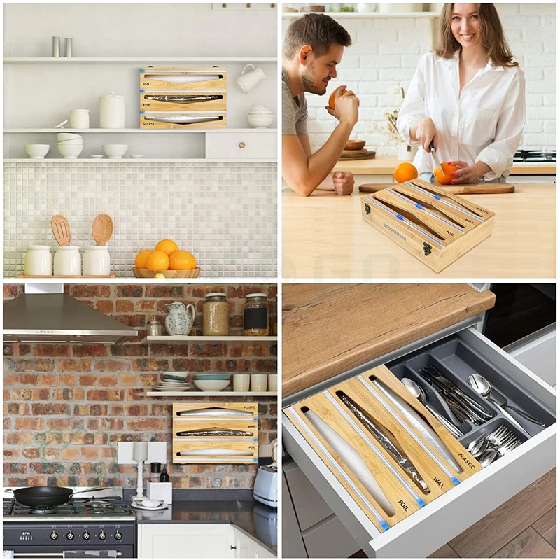 3in1 Wrap Dispenser with Cutter, Plastic Wrap, Aluminum Foil and Wax Paper Dispenser for Kitchen Drawer