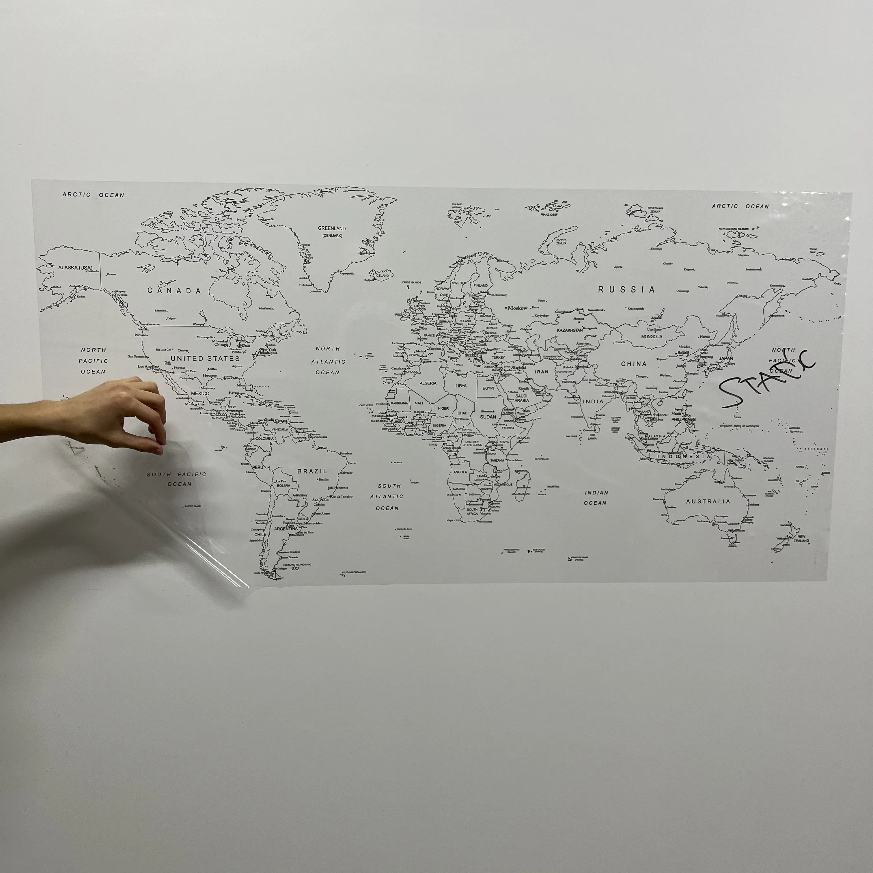 Uncolored World Map  Reusable Durable Polystyrene Material Holds The Surface With Static Electricity