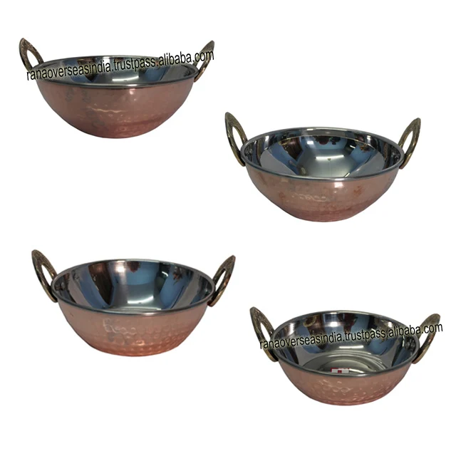 Top Selling Wholesale Copper Stainless Steel Hammered Karahi Indian Dishes Serve Ware for Vegetable and Curries Set of 4 Pcs