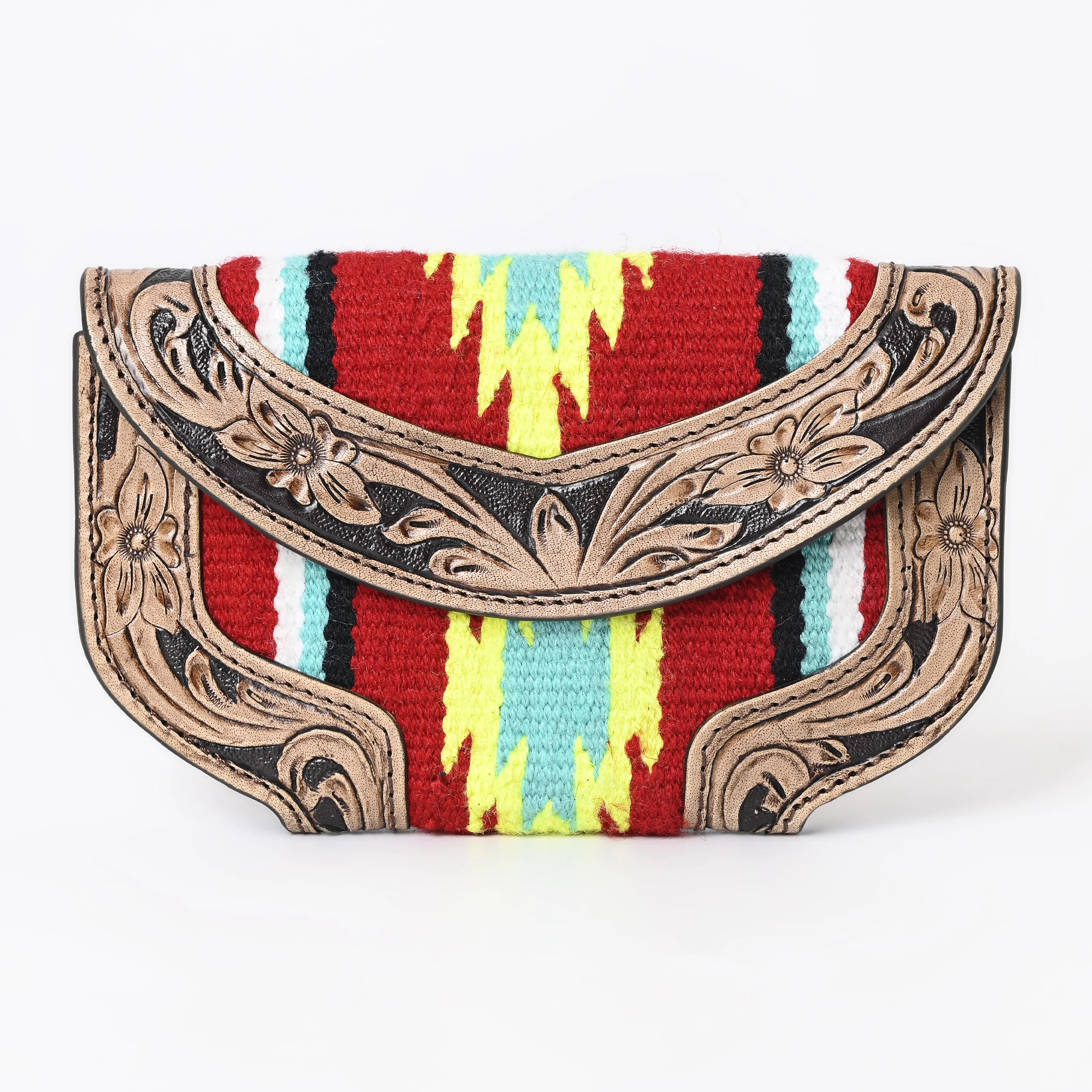 Hot Selling Cowhide Tooled Leather Wallet with Aztec Saddle Blanket Hand Clutch Trifold Wallet For Women with Magnet Flap