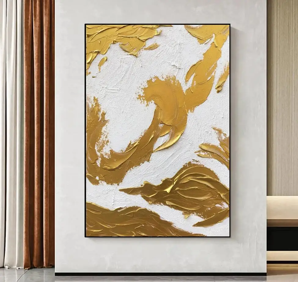 Large Minimalist Gold Oil Painting on Canvas Modern Gold Foil Texture Acrylic Painting Living Room Wall Art Home Deco