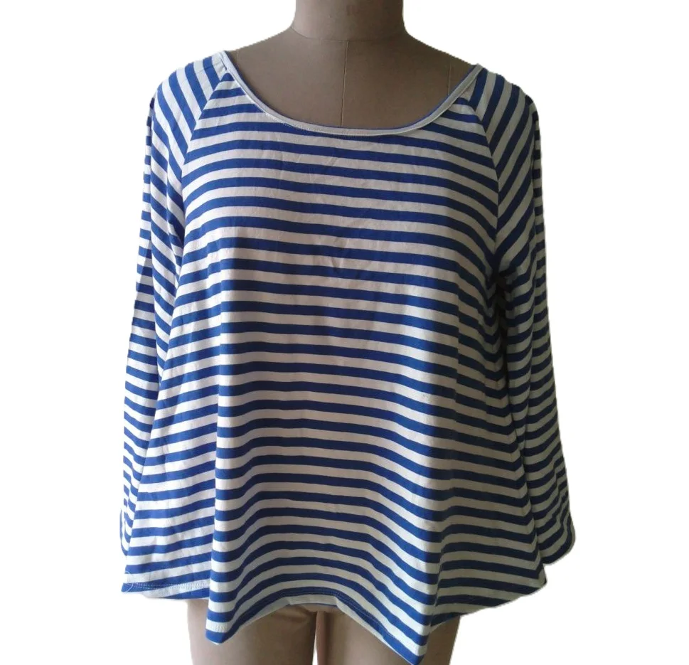 Deep back neck neon fringed long sleeve striped loose blouse for ladies blue white striped round neck stylish ladies top
