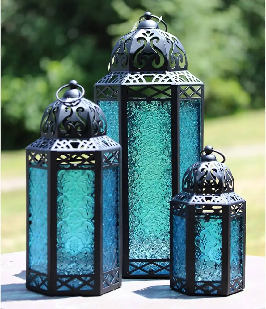 Hot Selling Metal Moroccan Candle Holder Lantern Handmade Blue Colour Glass For Eid And Ramadan Decoration.