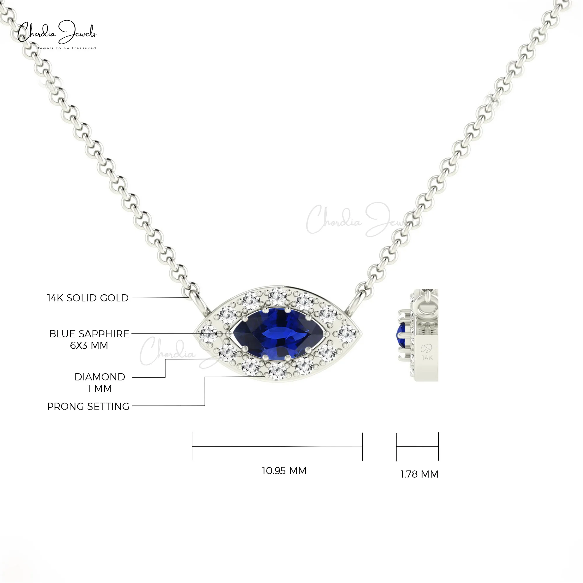Genuine 0.20ct Blue Sapphire Gemstone & Pave Diamond Halo Chain Necklace 14k Real Gold Jewelry Free Shipping Items for Ladies