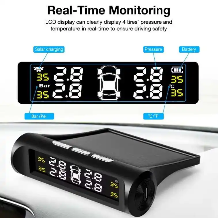 Wireless HD Digital LCD Display Car TPMS Tire Pressure Monitoring System with Solar Charging Auto Alarms External Sensors