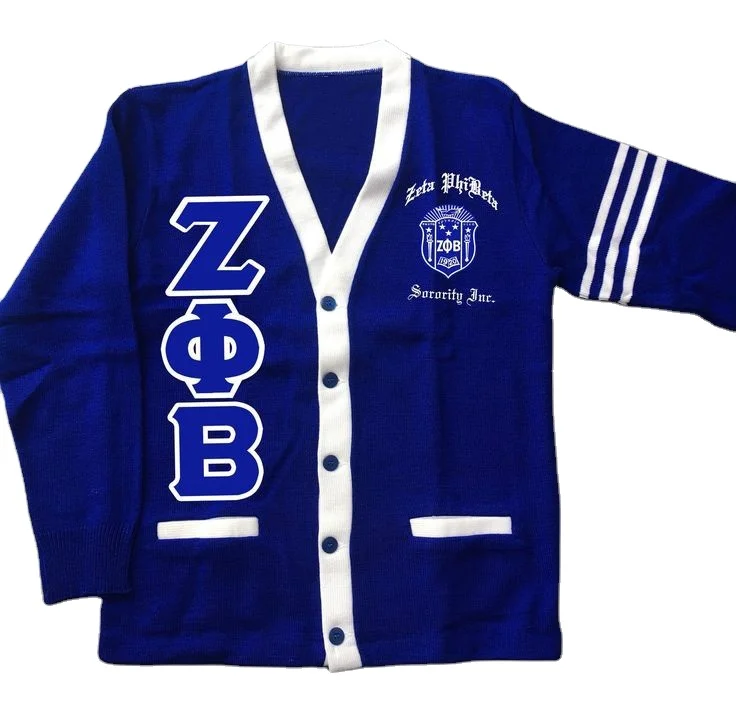 Sorority and Fraternity Zeta Phi Beta greek tackle twill chenille patches  letters acrylic winter lightweight cardigan sweater