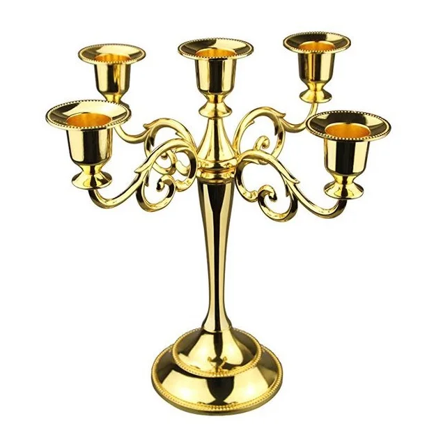 Polished Bright Gold 5 Branches Solid Metal Wedding Centerpiece Candle Stand Home Decor Tabletop Candlestick Holder Manufacturer