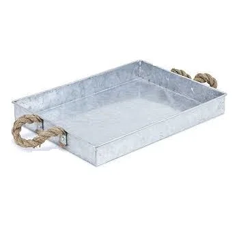 Set of Two Rustic Silver Galvanized Metal Decorative Serving Tray With Mango Wood Handles Galvanized Rectangular Tray