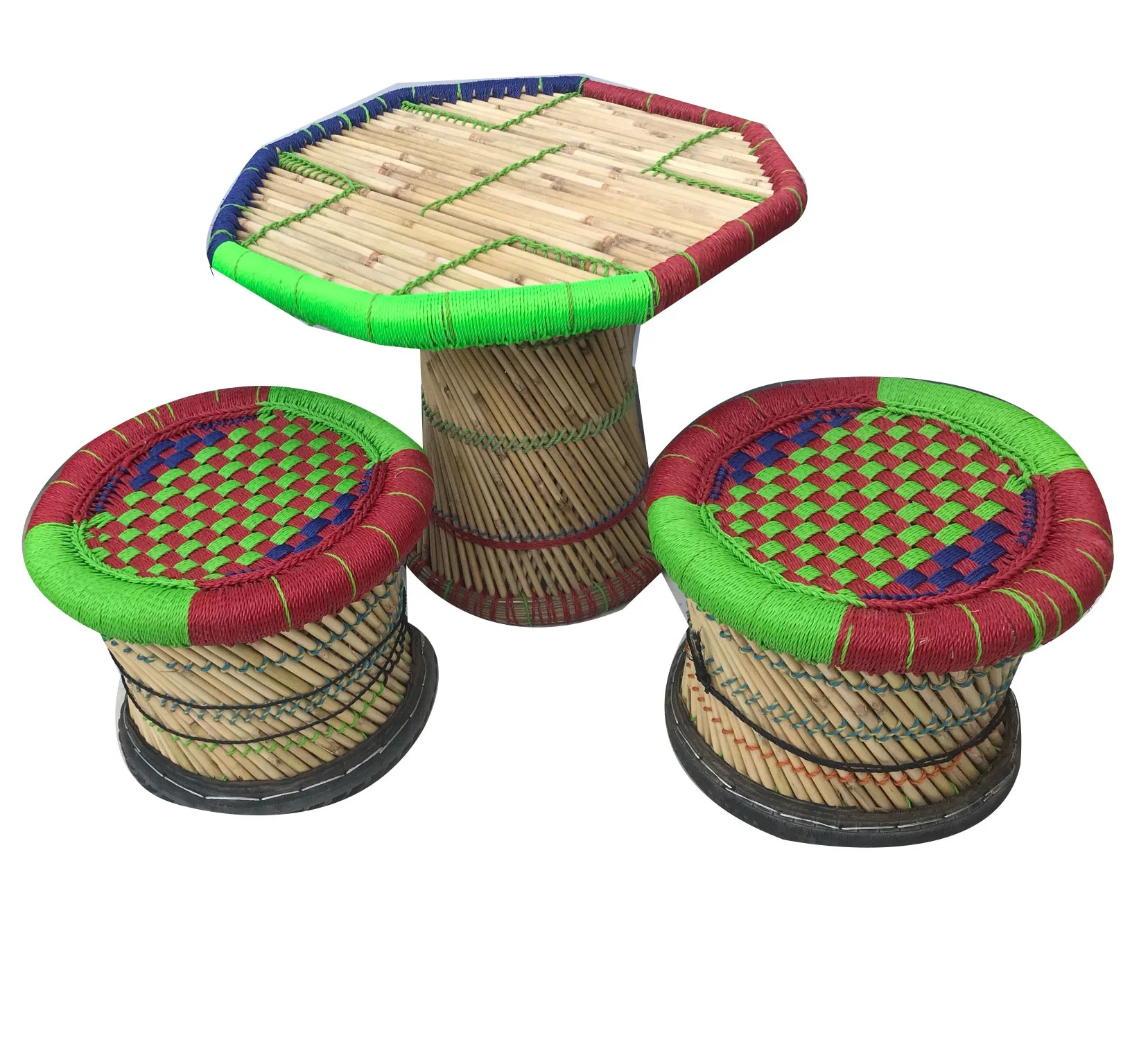 Wholesale Eco friendly Bamboo Rattan Indoor Outdoor Garden Lawn Backyard Furniture 4 Ottoman Stools With Table