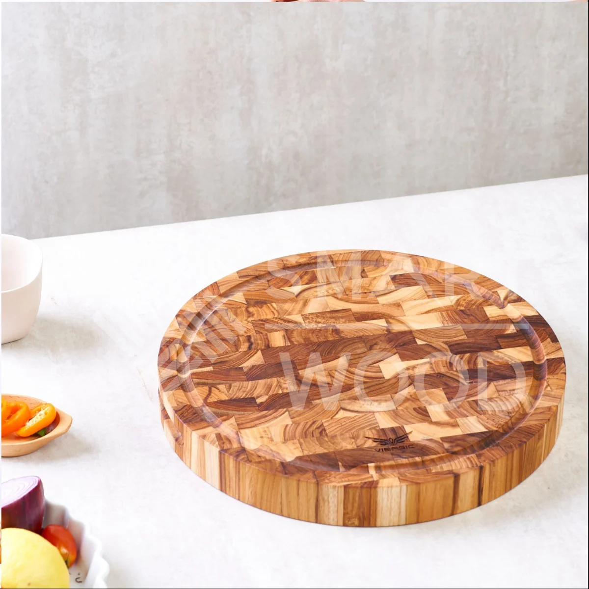 WHOLESALE PRICE - TEAK ROUND END GRAIN WOOD CHOPPING BLOCK GOOD QUALITY WITH HOLES NATURAL COLOR FOR KITCHEN