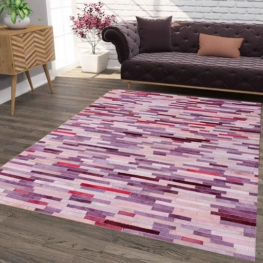 Cowhide Pink leather Patchwork fur rug Genuine Leather carpet rug Modern design Hair on Handmade cowhide colorful leather carpet