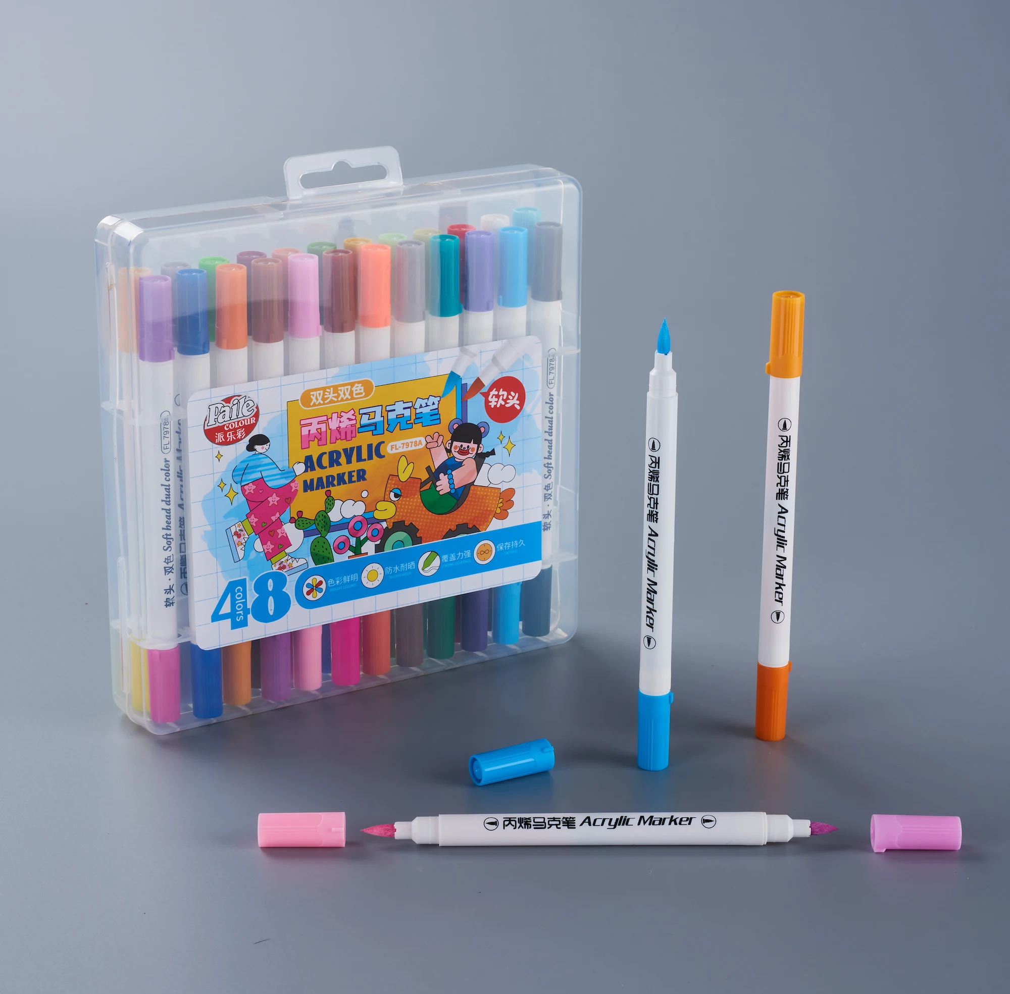 48 Colors Acrylic Marker Set Calligraphy Tip Art Markers with Brush Tip for Rock Painting Stone Glass
