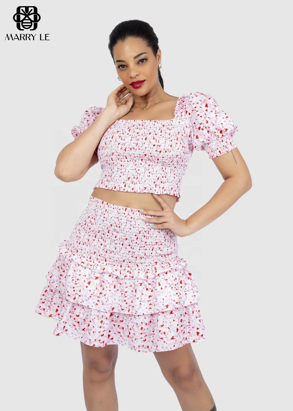 WOMEN CASUAL TIERED SMOCKED PINK TOP AND SKIRT SET - MD246 high quality top & skirt set true to size best price