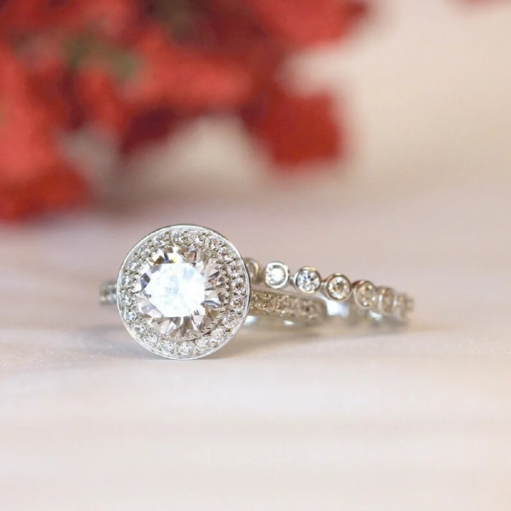 Premium Grade 3.40CT Dainty Bridal Set Brilliant Cut Moissanite Diamond Ring Latest Designed Bezel Eternity Ring Set