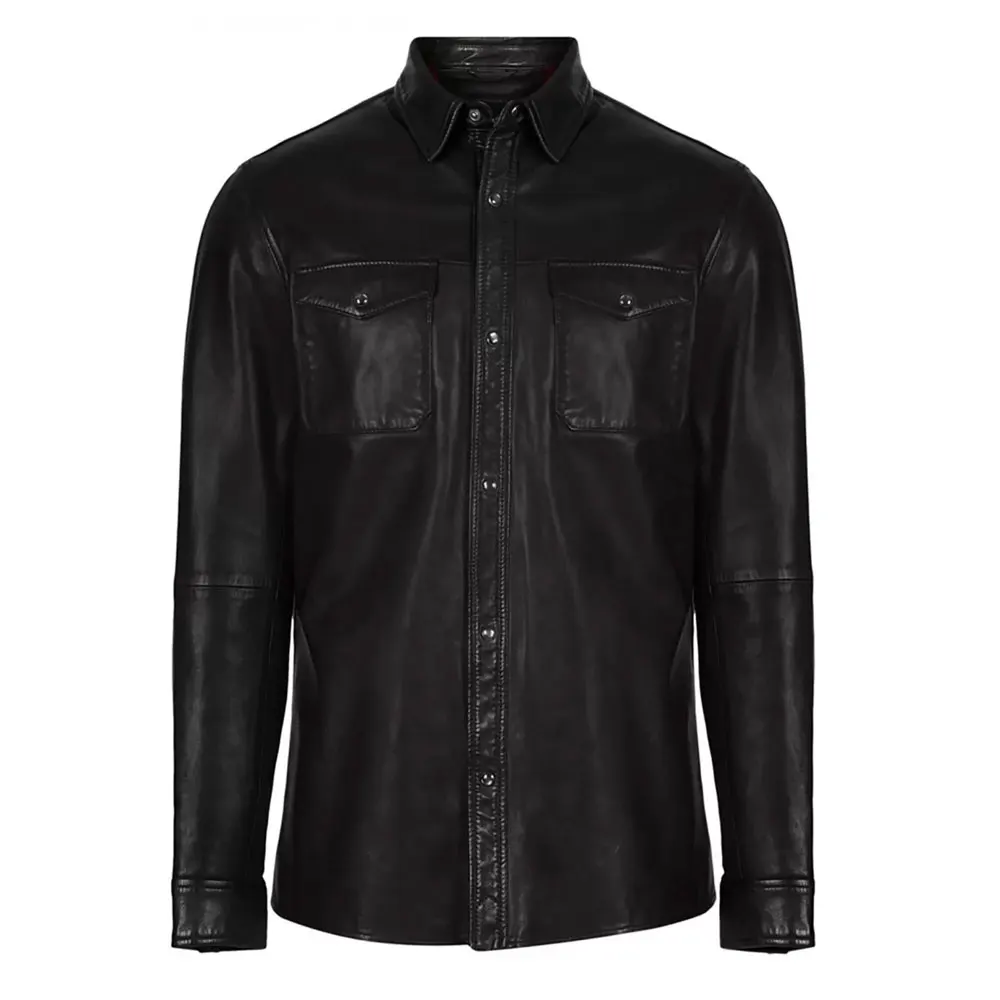 Custom Men High Quality Smooth, Soft and Lightweight leather Satin Liner Inside Men Elegant Style Real Black Leather Shirt
