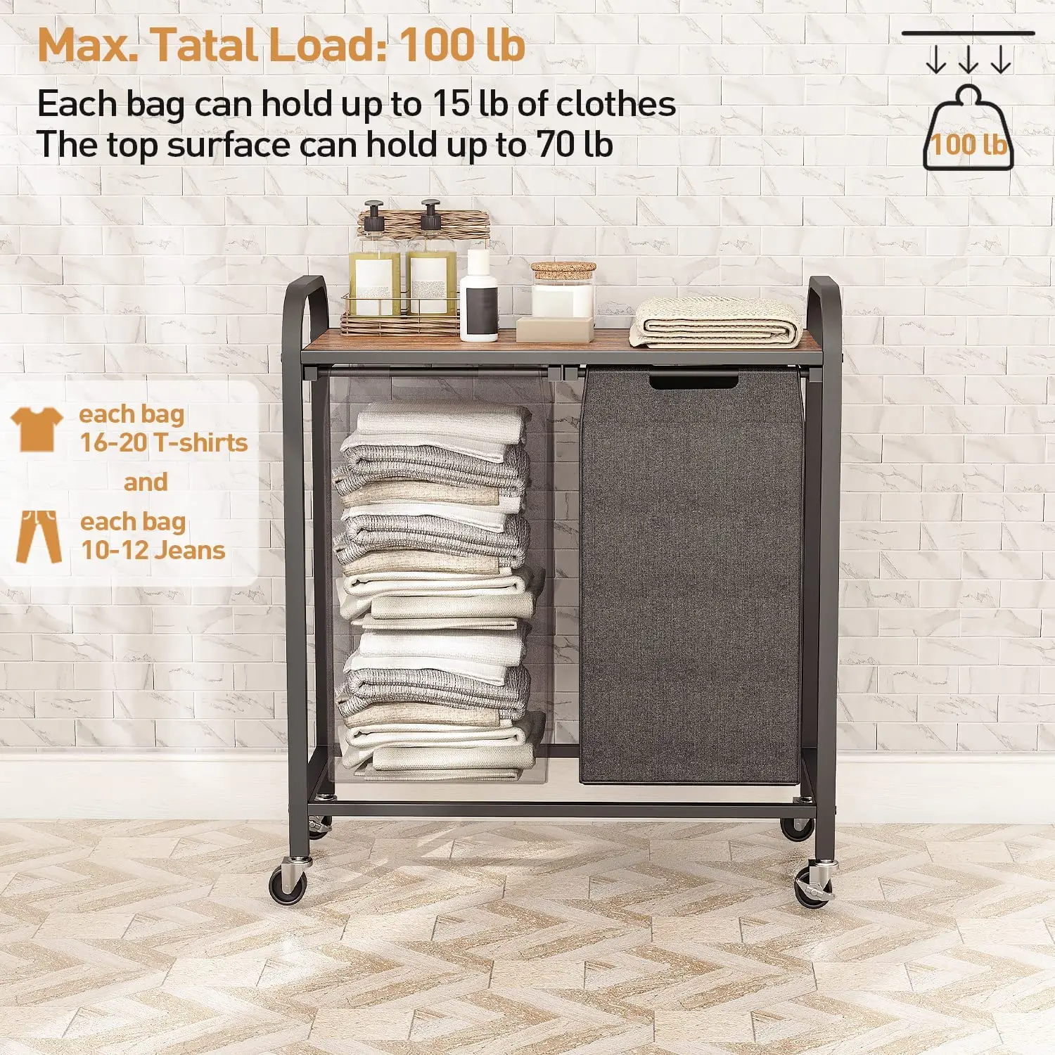 Removable Laundry Bags Storage Black Laundry Sorter Metal Laundry Basket with lid