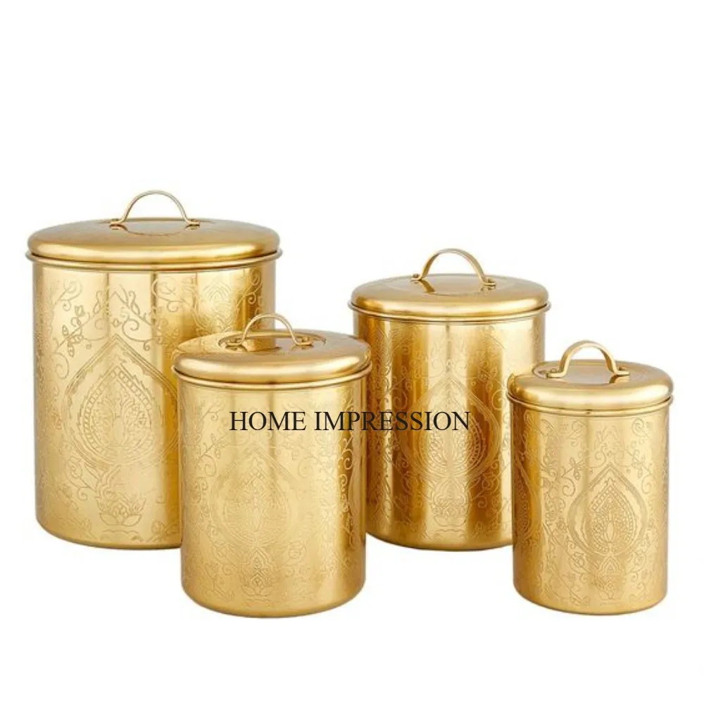 High Graded Gold Plated Vintage Designer Engraved Set Of 4 Cylendrical Shape Kitchenware Food & Other Item Storage Metal Tin Box