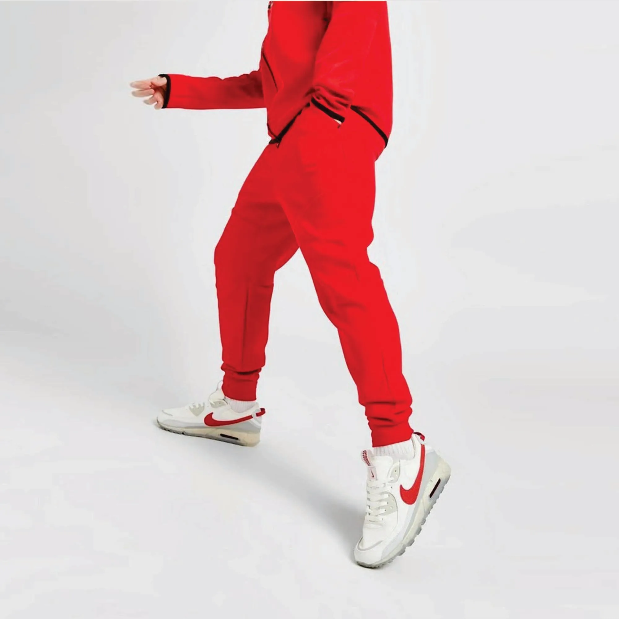 OEM Design 69% Cotton 31% Polyester Red Men Tech Fleece Tracksuit Full Zip Hoodie Joggers Sweatpants Sweatsuit