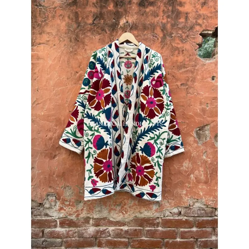 Wholesale Indian Cotton Suzani Hand Embroidery Velvet Kimono Bathrobe Style Sleepwear Night Robe Maxi Gown Boho Unisex Wear Robe