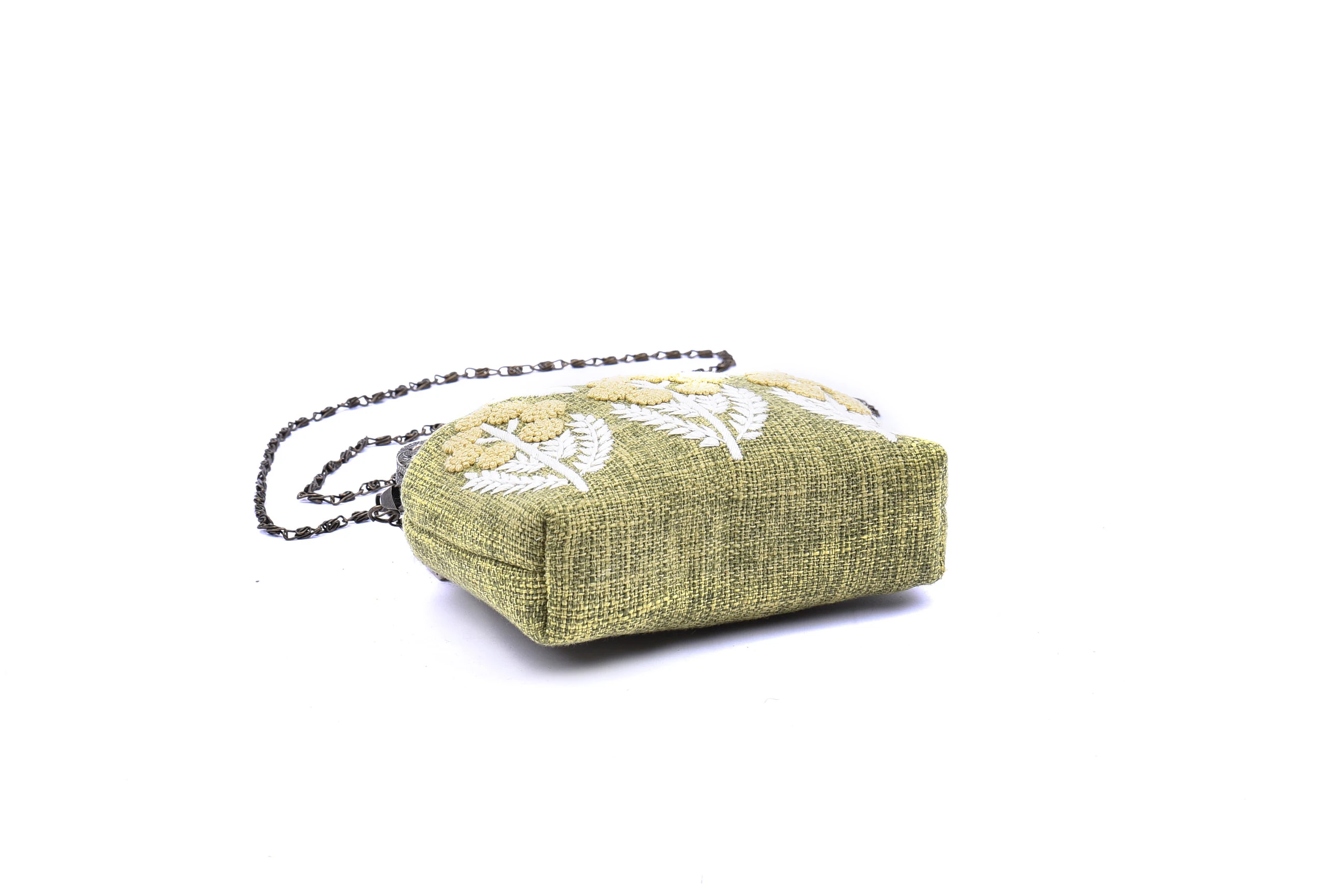 Small Hemp Bag with Copper Binding Straight Hand Strap Sequin and Glass Bead 3 Branches 2 Birds Embroidery Chain Shoulder Strap