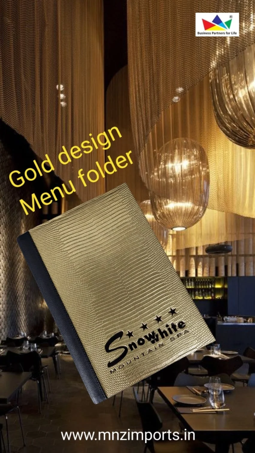 Shiny Lizard design Golden leatherette material menu folder for restaurants table with black embossed logo From India