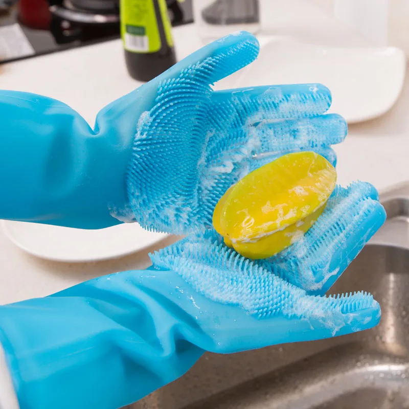 Cleaning Rubber Sponge Gloves, Dishwashing Gloves, Silicone Reusable Cleaning Brush Heat Resistant Scrubber Gloves
