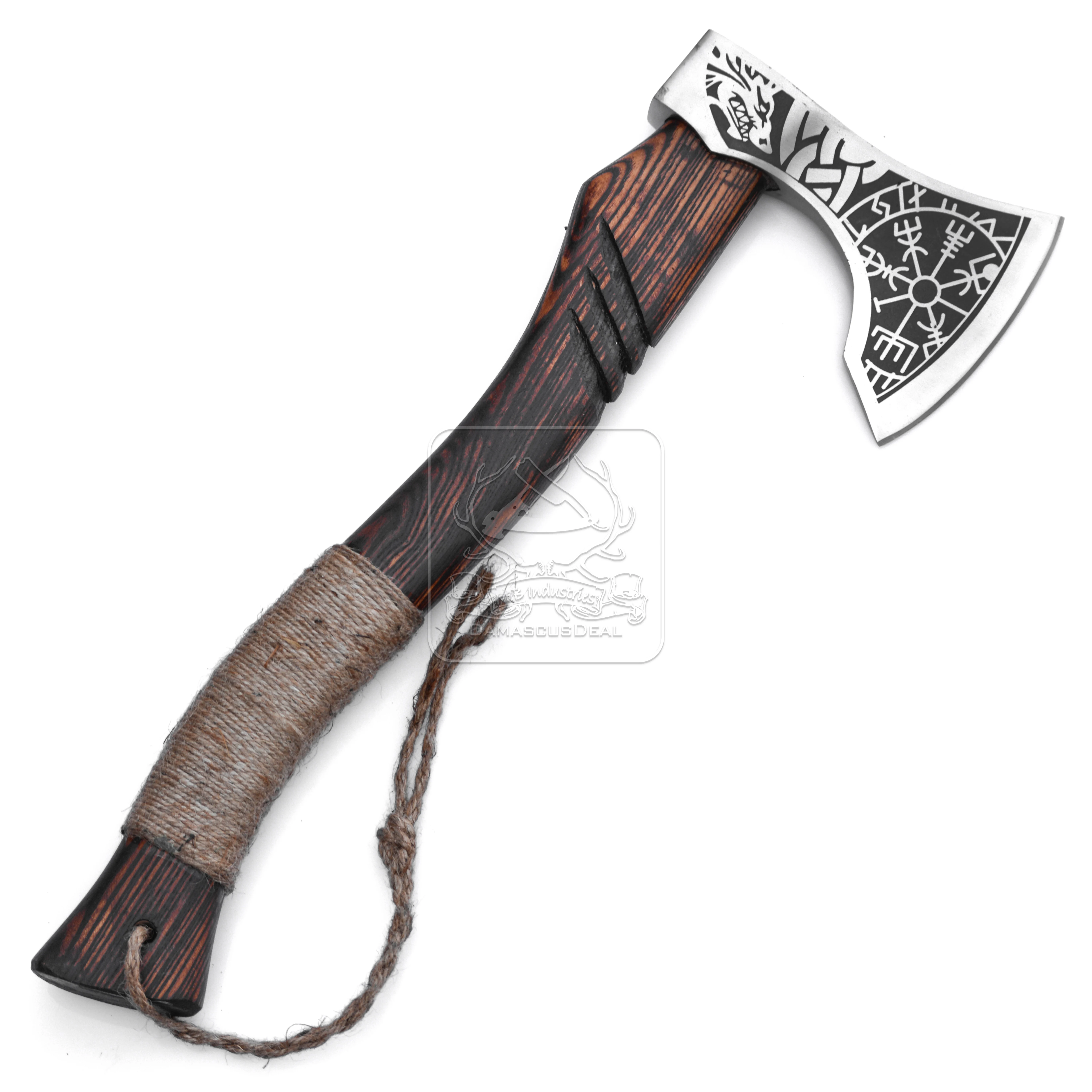 Viking Axe Tomahawk Hatchet DD-VikingAxe-139 handmade intricate etching designs on the bearded blade & engraved hardwood handle
