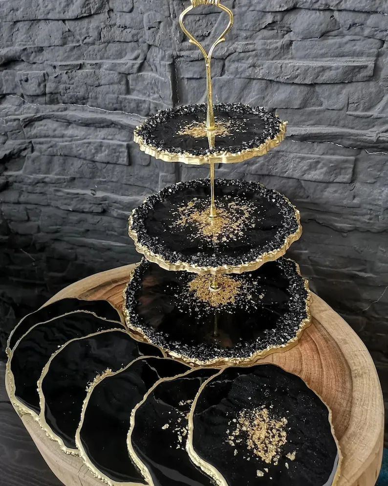 Handmade Artistic 3 Tier Epoxy Resin Tray Gold with Handles Unleash your Home Decor with an Elegant Epoxy Serving Cake Tray