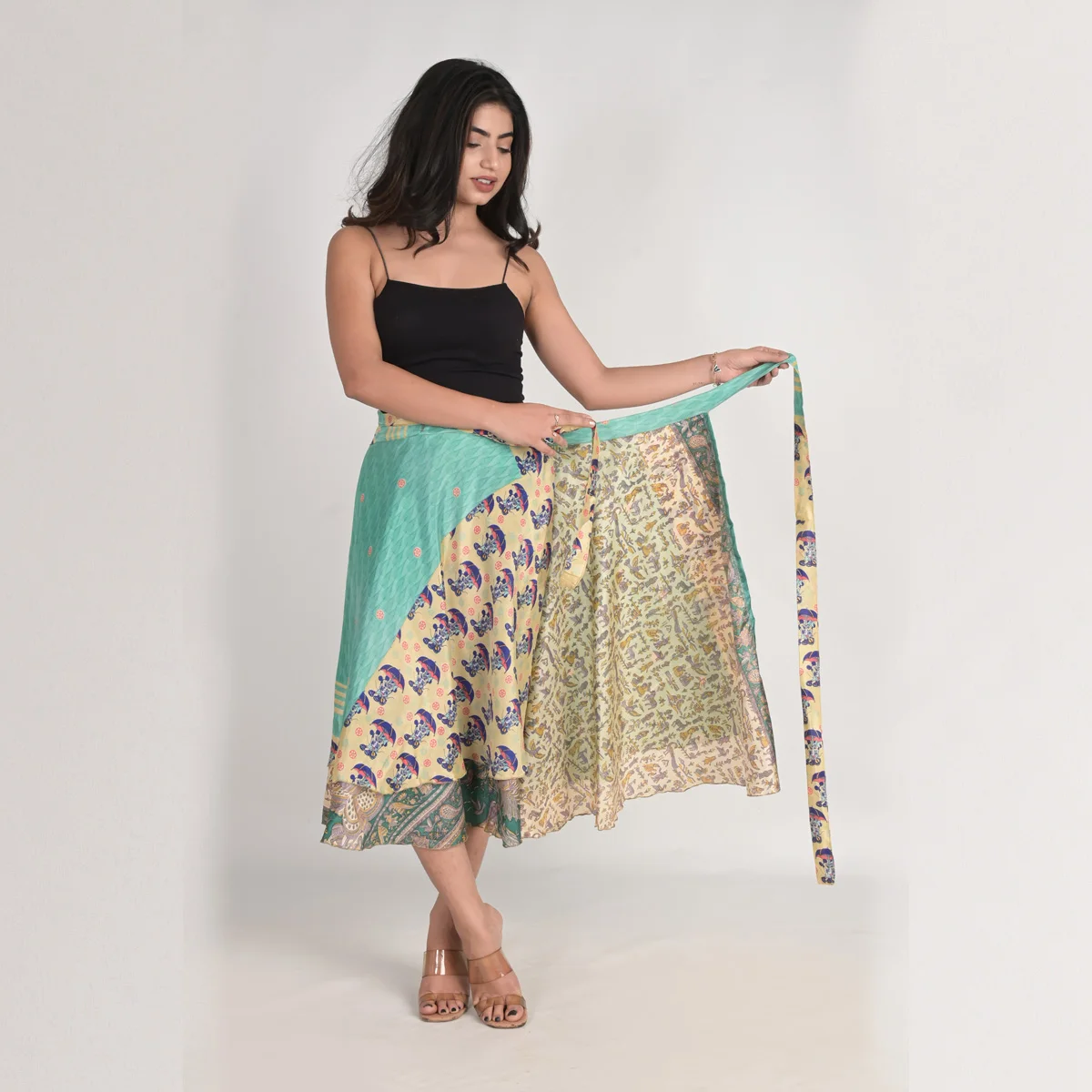 Indian 2 Layer Printed New Art Silk Sari Recycled Long Magic Wrap Around Skirts