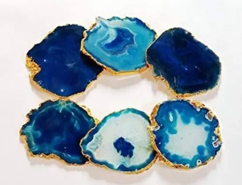 Blue Natural Agate Crystal Coasters Gold Electroplated Buy Wholesale Blue Agate Slice Coaster Agate Coaster For Home Decorations