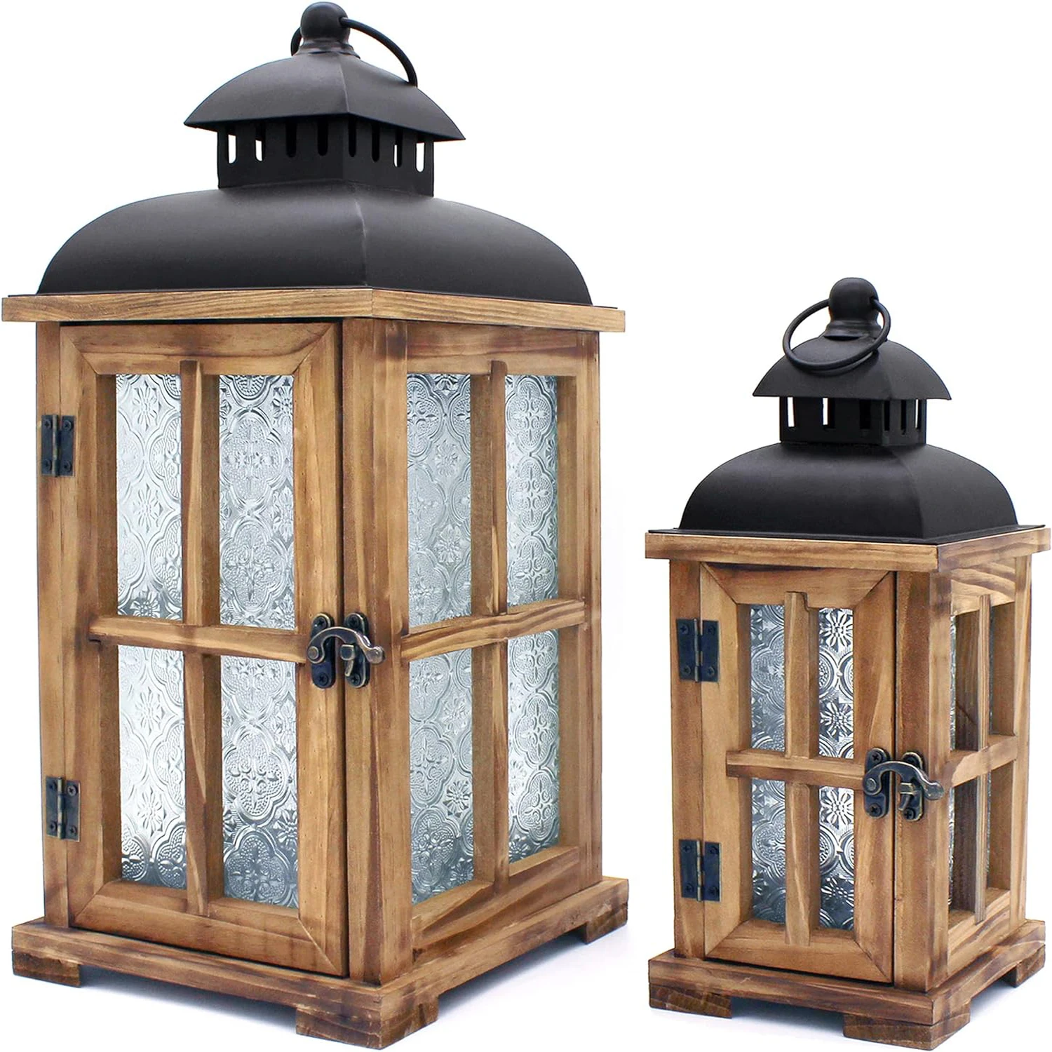Hot Selling 2 Pcs Farmhouse Wood Lantern Decor 2 Size Outdoor Rustic Candle Lantern Whitewash Candle Holders For Home Decor