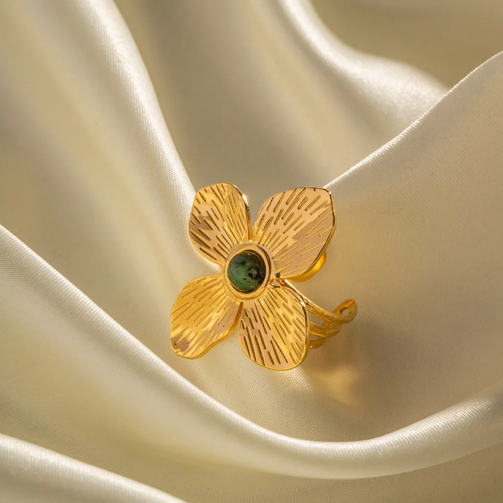 Waterproof Non-fade Lusterless Four Petal Flower Exaggerated Set African Turquoise Open Ring